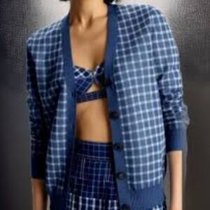NWT Tory Burch Sheer Plaid Boyfriend Cardigan Blue White Size Small